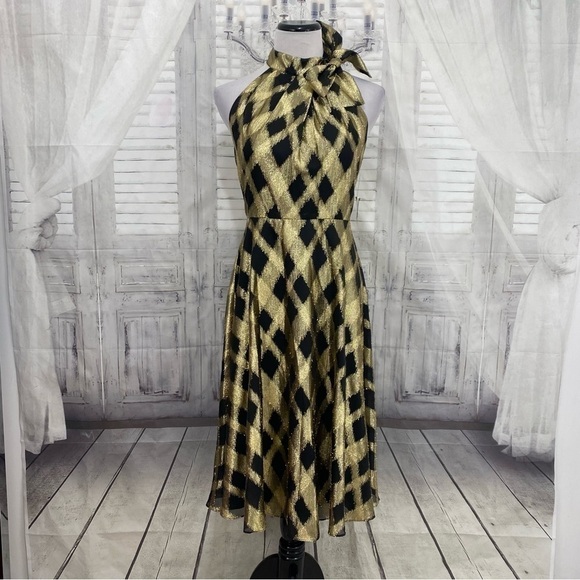 Maggy London Dresses & Skirts - Maggy London Size 4 Metallic Gold Black Plaid Cross Over Halter Dress Fit Flare